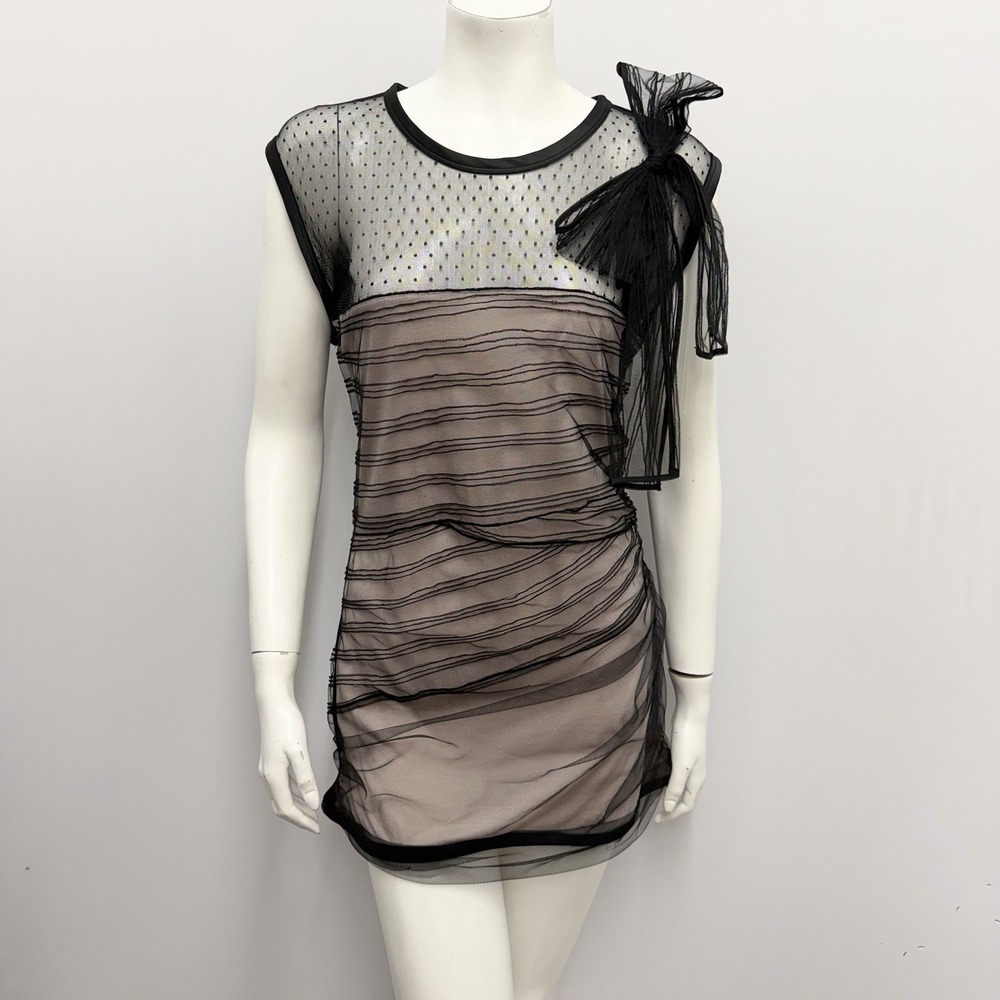 Valentino T-Shirt Couture Top Black & Taupe Large Bow Partly Sheer Size 12 Small